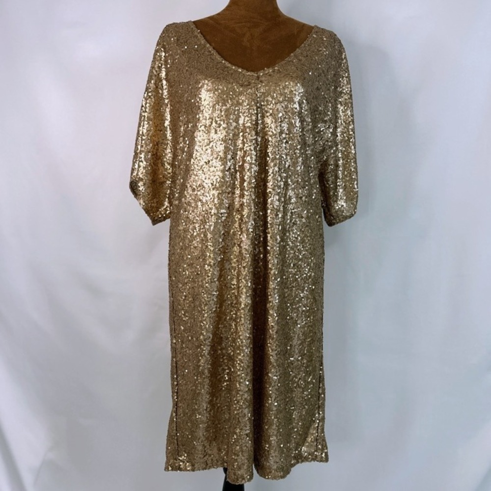 Gentle Fawn Sequin Shift Dress Women L Gold Excellent‎ V-Neck Short Sleeve Mini